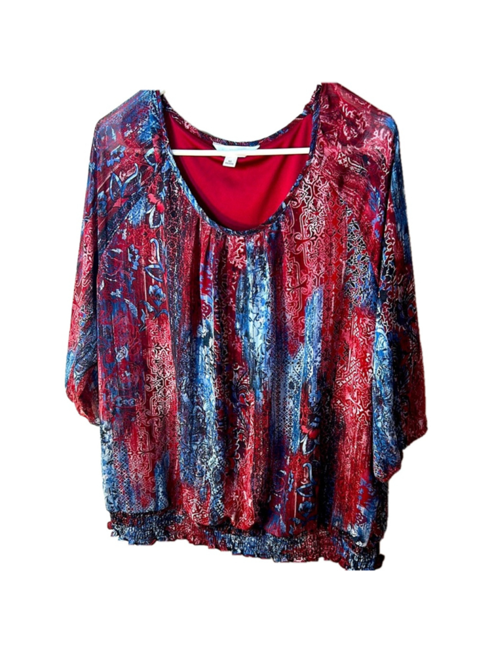 Northern reflections, red and blue floral abstract blouse size XL petite